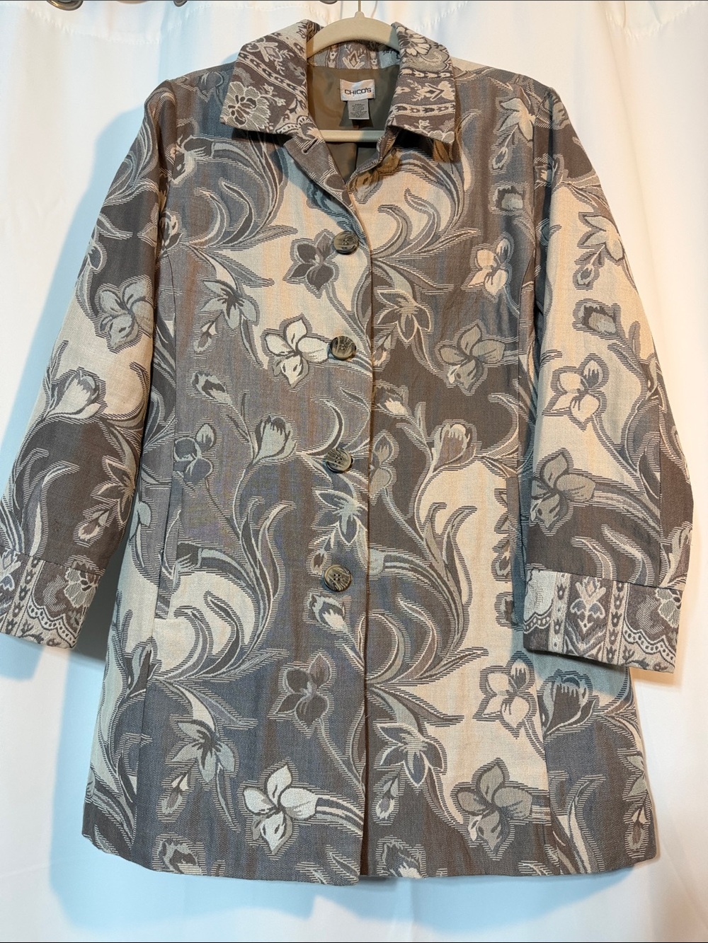 Chico's Floral Damask Coquette Jacket Gray Cream Cotton Wool Blend SZ 1 M B14